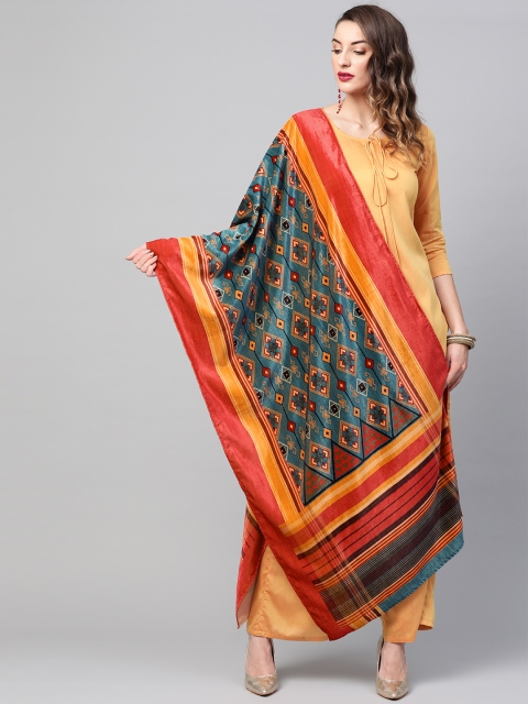 

AKS Teal Blue & Red Printed Velvet Dupatta