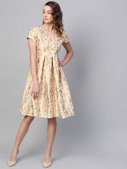 

AKS Women Beige & Golden Jacquard Self Design Fit and Flare Dress