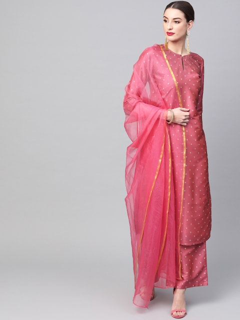 

AKS Women Pink & Golden Self Design Kurta with Palazzos & Dupatta