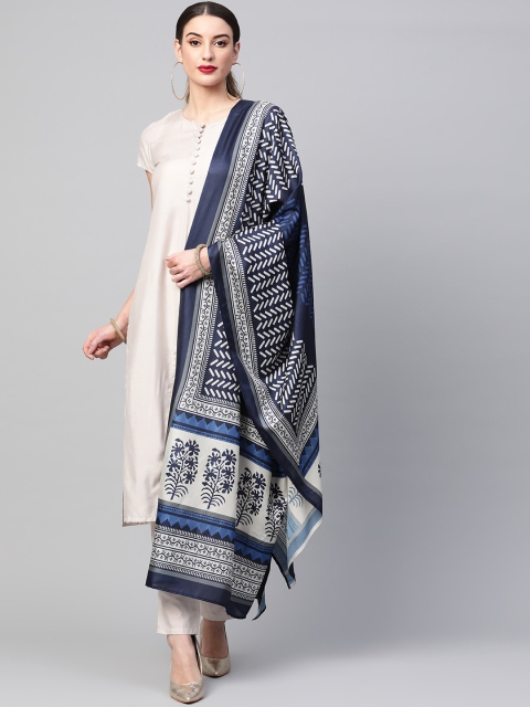 

AKS Women Beige & Navy Blue Solid Kurta with Trousers & Dupatta