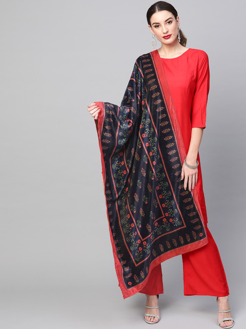 

AKS Navy Blue & Red Printed Velvet Dupatta