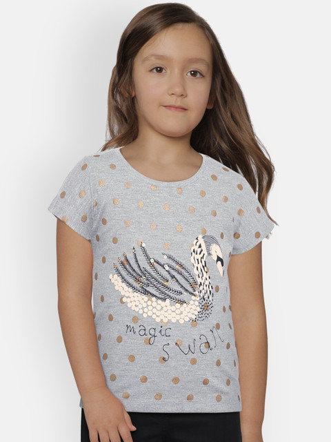 

Kid Studio Girls Grey Melange Printed Round Neck T-shirt
