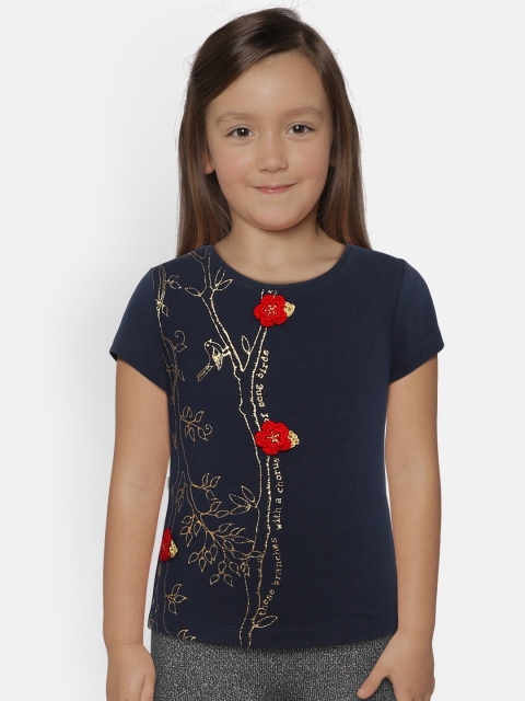 

Kid Studio Girls Navy Blue Printed Embroidered Top