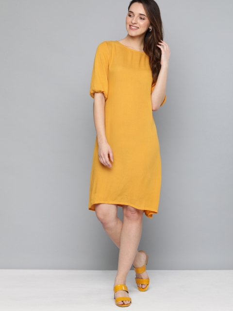

HERE&NOW Women Mustard Yellow Solid Styled Back A-Line Dress