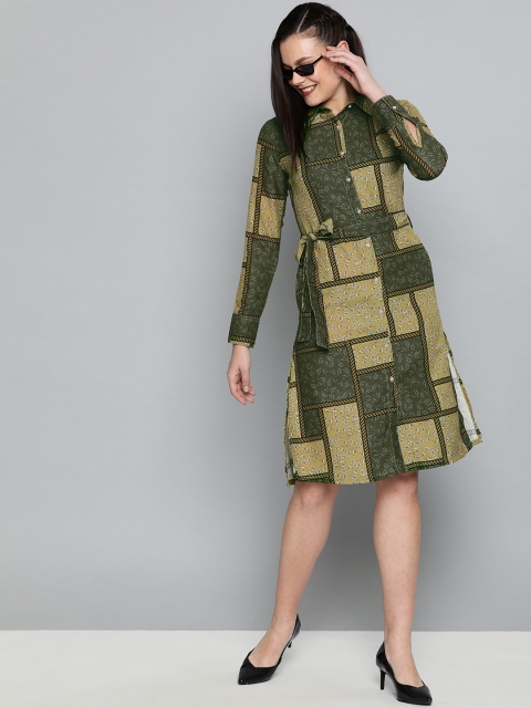 

HERE&NOW Women Green & Beige Printed A-Line Dress