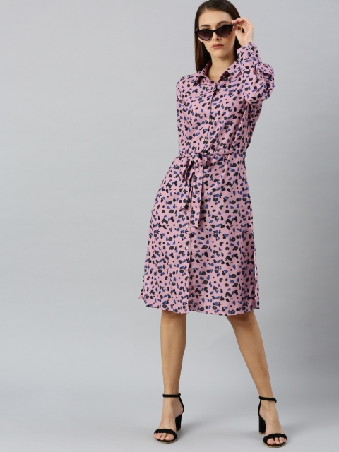 

HERE&NOW Women Pink and Black Printed A-Line Dress
