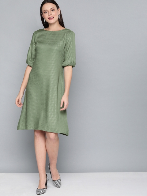 

HERE&NOW Women Olive Green Self Design A-Line Dress