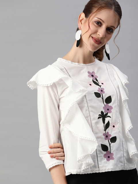 

HERE&NOW Women White Embroidered Top With Ruffle Detail