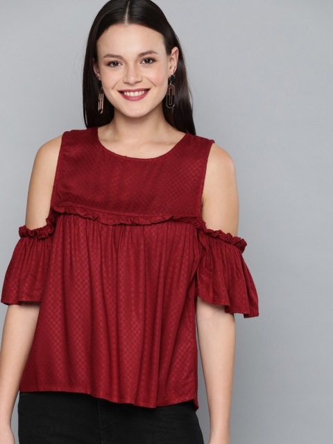 

HERE&NOW Women Maroon Solid Cold-Shoulder Top