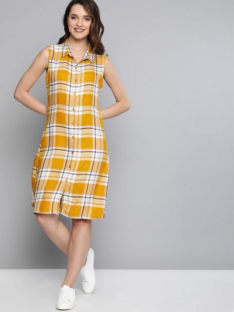 

HERE&NOW Women Yellow & White Checked A-Line Dress