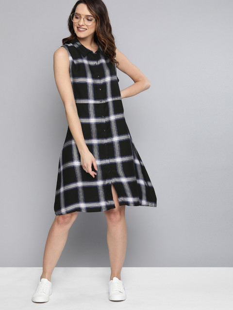 

HERE&NOW Women Black & Grey Checked A-Line Dress