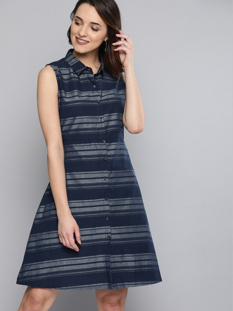 

HERE&NOW Women Navy Blue Striped A-Line Dress