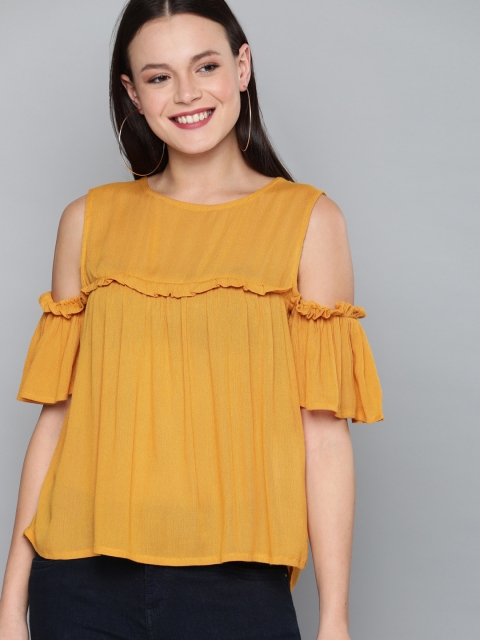 

HERE&NOW Women Mustard Yellow Solid Cold-Shoulder Top