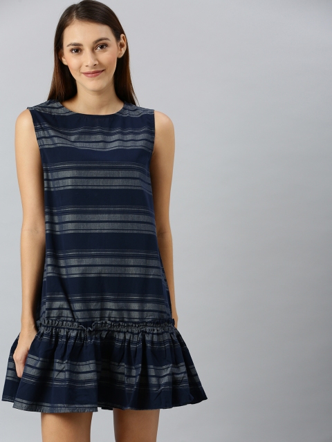 

HERE&NOW Women Navy Blue and Grey Striped Sleeveless A-Line Dress