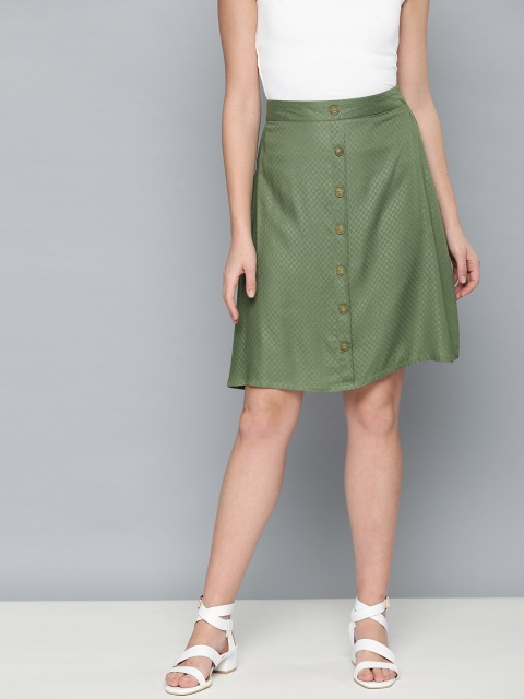 

HERE&NOW Women Olive Green Self Design A-Line Skirt