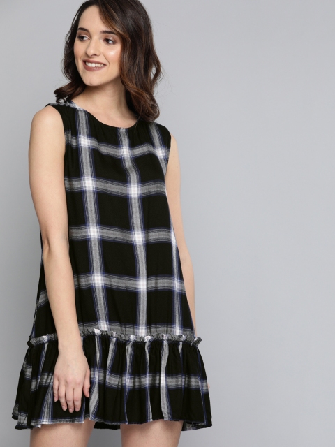 

HERE&NOW Women Black & Grey Checked A-Line Dress