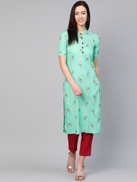 

SIAH Women Green & Golden Printed Straight Kurta