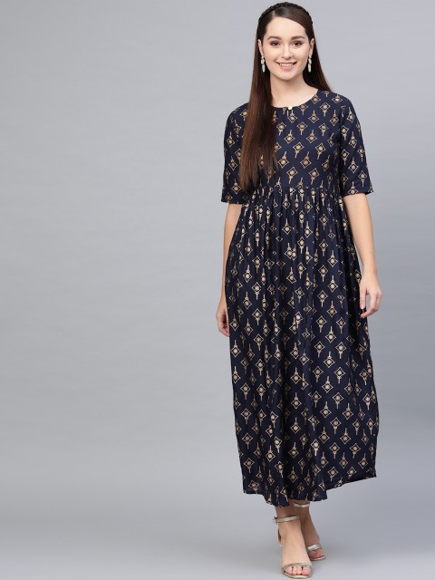 

Myshka Women Navy & Golden Printed Maxi Empire Dress, Navy blue