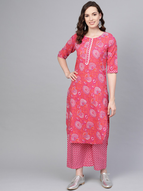 

Myshka Women Pink & White Printed Kurta with Palazzos