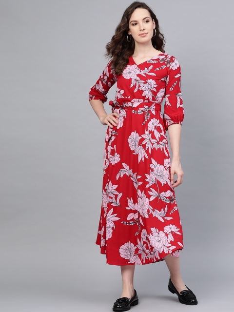 

Myshka Women Red & Pink Floral Print Midi Wrap Dress