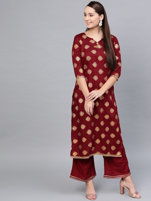 

Myshka Women Maroon & Golden Printed Straight Kurta with Palazzos