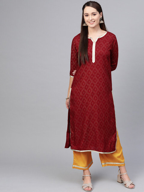 

Myshka Women Maroon & Mustard Yellow Printed Straight Kurta with Palazzos