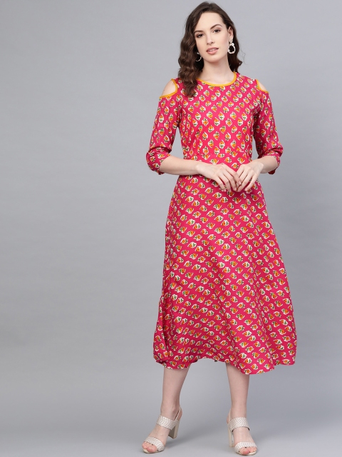

Myshka Women Pink & Mustard Yellow Printed Cold-Shoulder Midi A-Line Dress