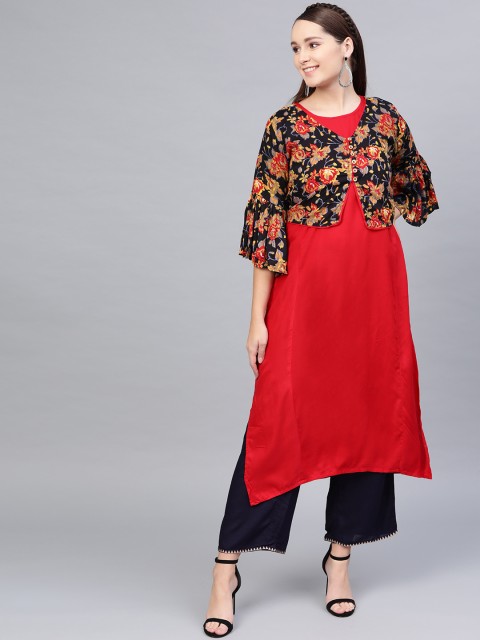 

Myshka Women Red & Black Solid Straight Kurta with Floral Ethnic Jacket