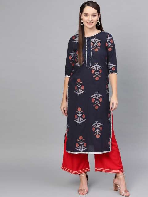 

Myshka Women Navy Blue & Red Printed Straight Kurta with Palazzos