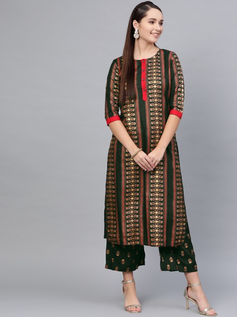 

Myshka Women Green & Golden Printed Kurta with Palazzos