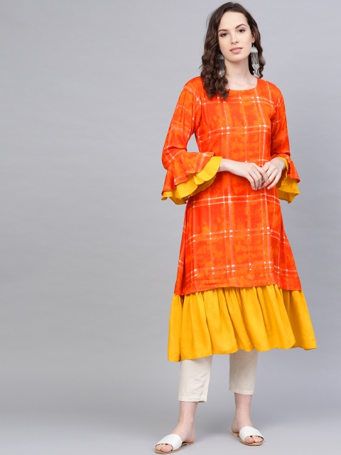 

Myshka Women Orange & Yellow Checked Tiered A-Line Kurta