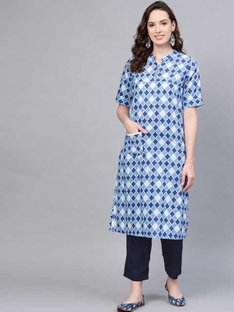 

Myshka Women Blue & Off-White Printed Kurta with Trousers