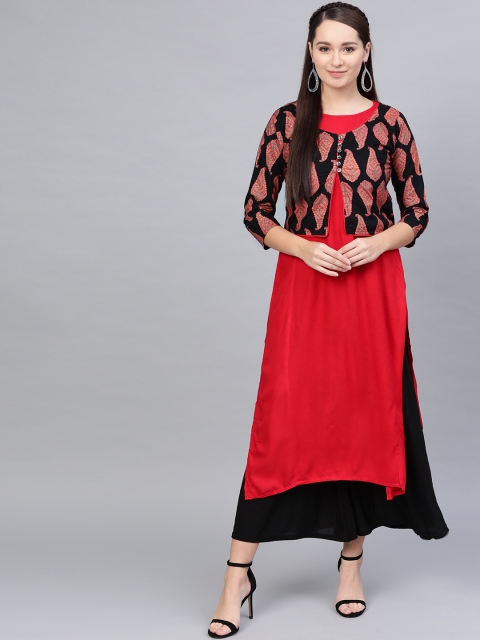 

Myshka Women Red & Black Solid Straight Kurta with Ethnic Jacket
