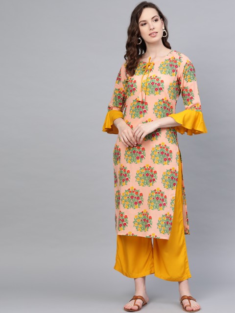 

Myshka Women Peach-Coloured & Yellow Printed Kurta with Palazzos
