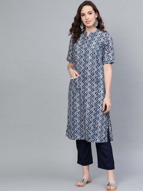 

Myshka Women Navy Blue & Off-White Printed Kurta with Trousers