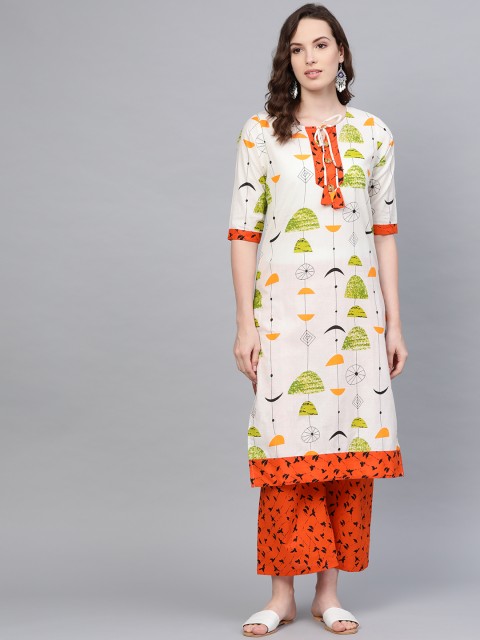 

Myshka Women Off-White & Orange Printed Kurta with Palazzos