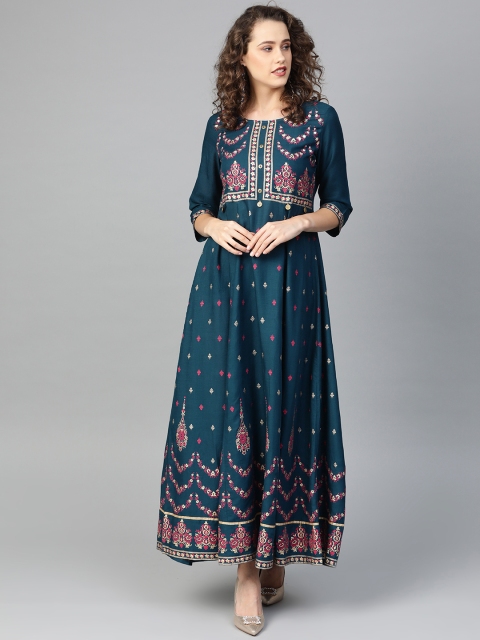 

Shree Women Teal Blue & Golden Printed Maxi Dress