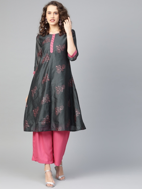 

Shree Women Charcoal Grey & Pink Printed A-Line Kurta with Palazzos