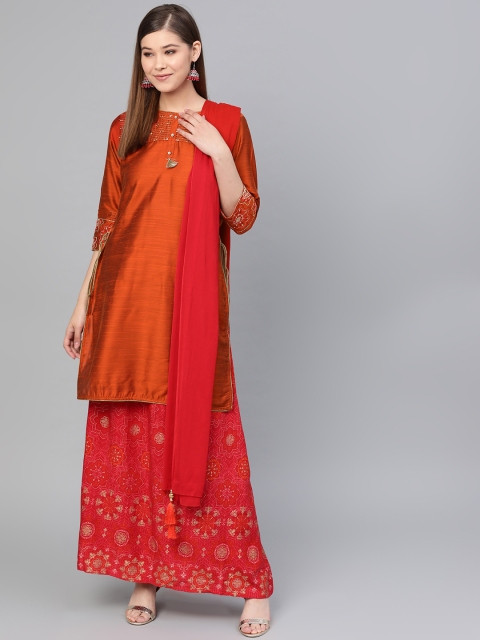 

Shree Women Rust Orange & Red Self Design Straight Kurta with Skirt & Dupatta