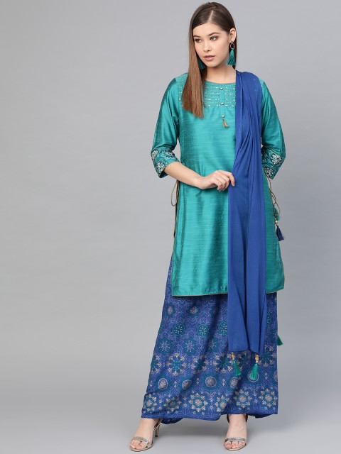 

Shree Women Blue Self Design Straight Kurta with Skirt & Dupatta