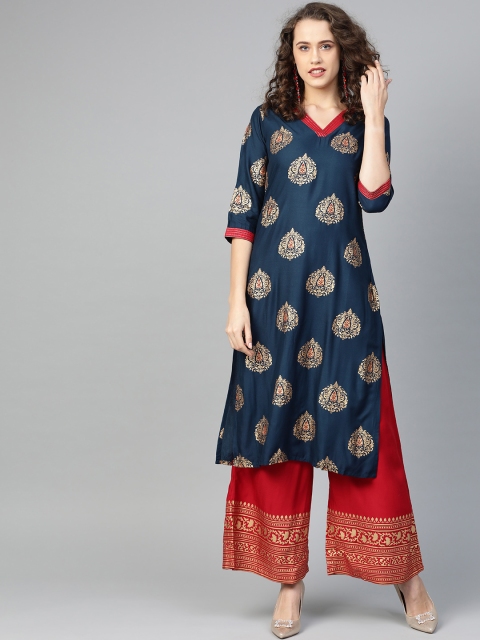

Shree Women Teal Blue & Golden Printed Straight Kurta with Palazzos