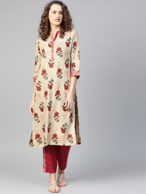 

Shree Women Beige & Red Printed Kurta with Trousers