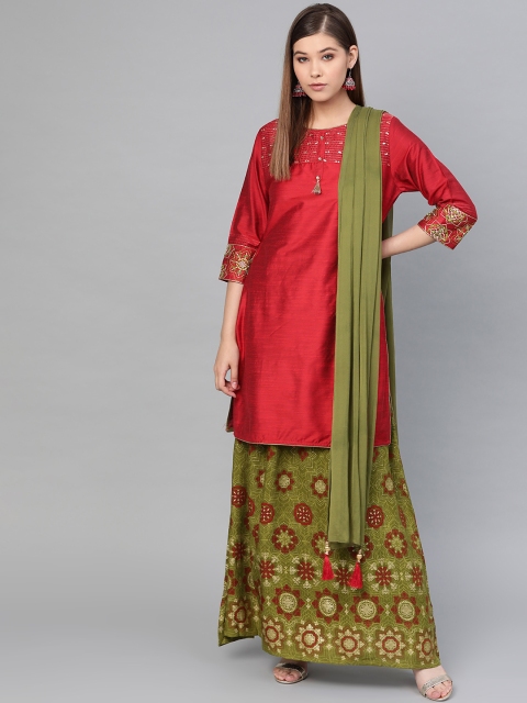 

Shree Women Red & Olive Green Self Design Straight Kurta with Skirt & Dupatta