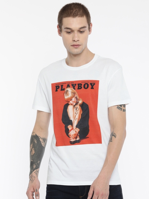 

Jack & Jones Men White & Orange Slim Fit Printed Round Neck T-shirt