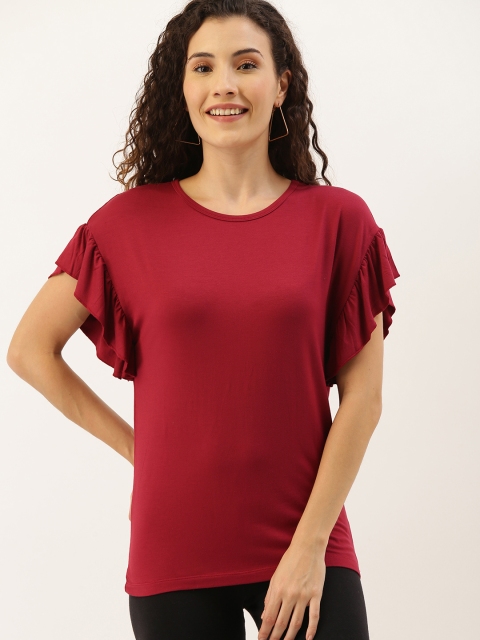 

NUSH Women Red Solid Top with Flutter Sleeves