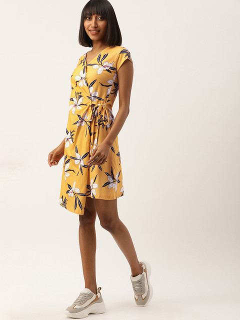 

NUSH Women Mustard Yellow Floral Print Wrap Dress