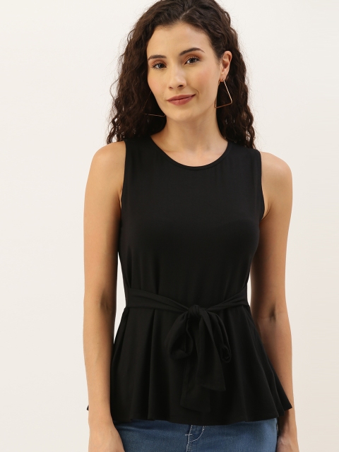 

NUSH Women Black Solid Top with Waist Tie-Ups