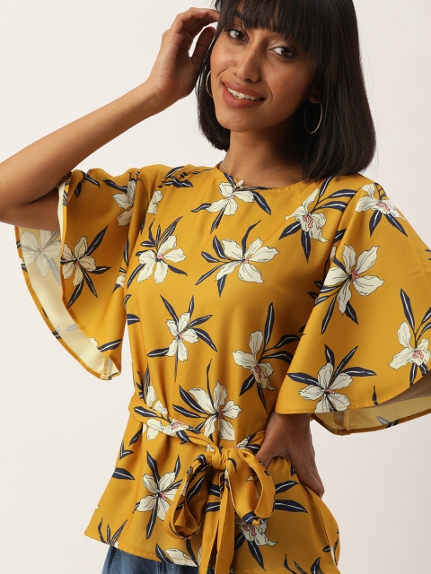 

NUSH Women Mustard Yellow & White Floral Printed Regular Top
