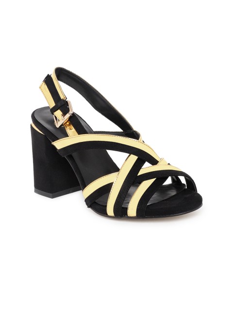 

Sole To Soul Women Gold-Toned & Black Colourblocked Block Heels
