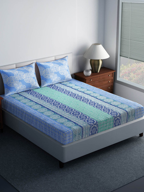 

SPACES Blue Abstract 144 TC Cotton 1 Queen Bedsheet with 2 Pillow Covers
